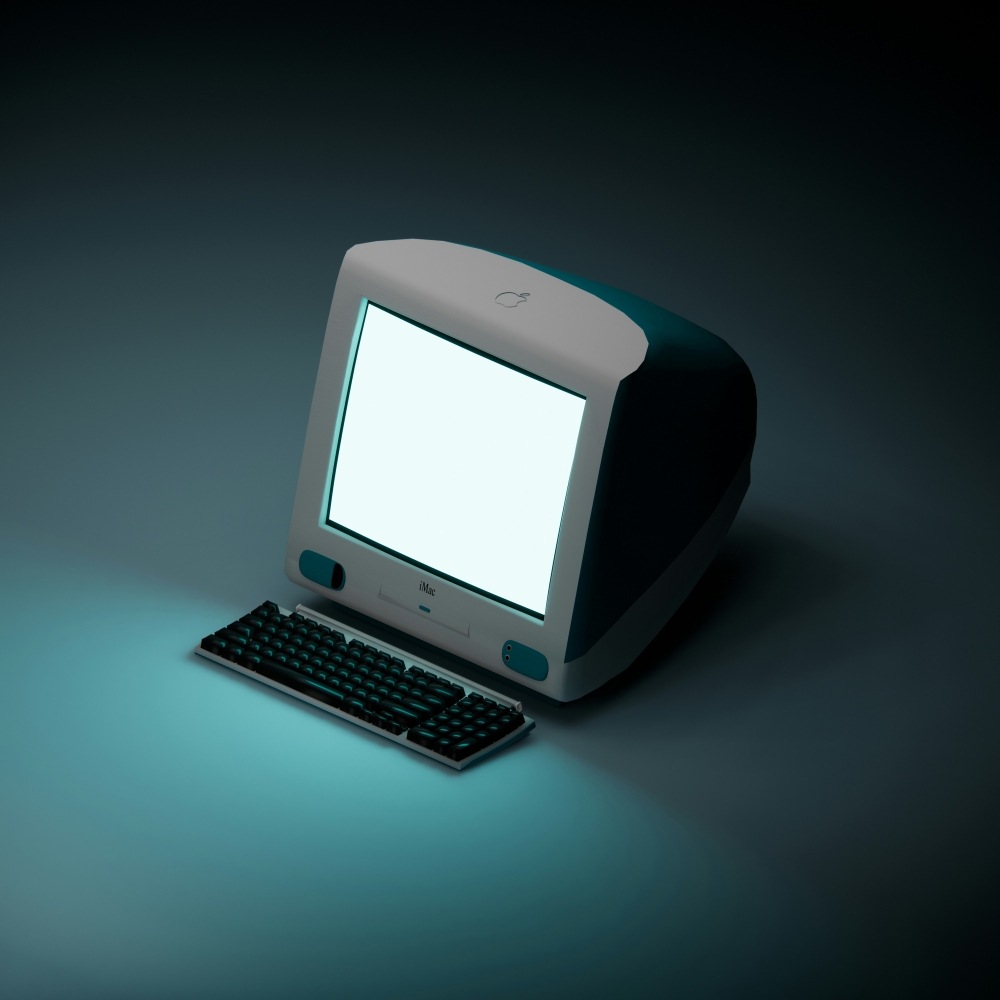 Sfondo dedicato ad un iMac blu con schermo bianco su tavolo. Per Desktop