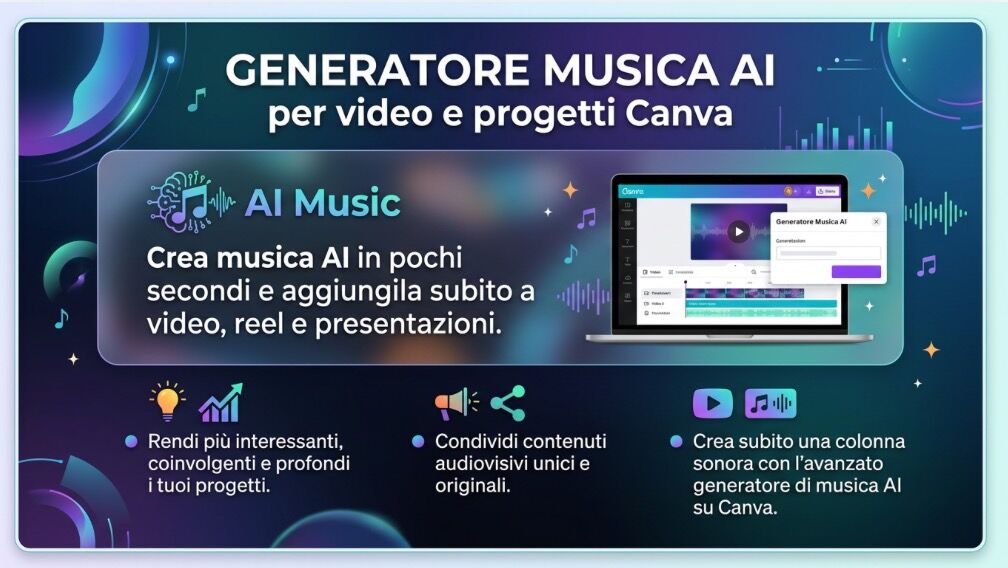 Con il generatore di Musica AI di Canva ora si può aggiungere musica generata in pochi secondi per contenuti più coinvolgenti